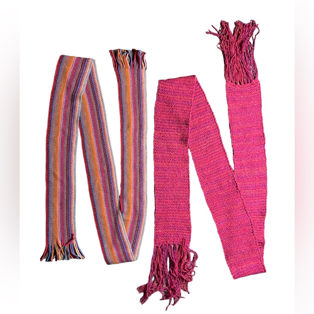 Macy's Knit Scarf Set 2 Pink Multi Color Striped Boucle Fringe Winter Bundle